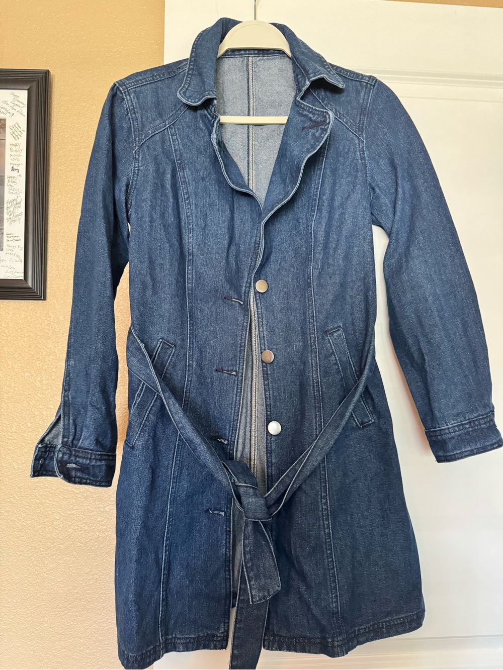 Denim Trench Coat - Dark Blue Jean Jacket with Belt